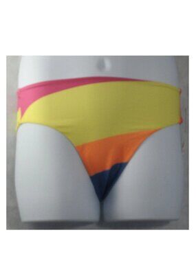 ROXY Juniors Bikini Swim Bottom, Yellow Pink Multicolor Stipe, Small